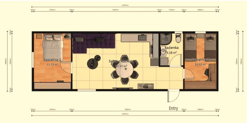 Domek Mobilny TYTAN 4.5m x 14m - Wariant C - Plan z wymiarami