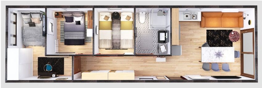 Domek Mobilny TYTAN 4.5m x 14m - Wariant E - Plan z wizualizacją