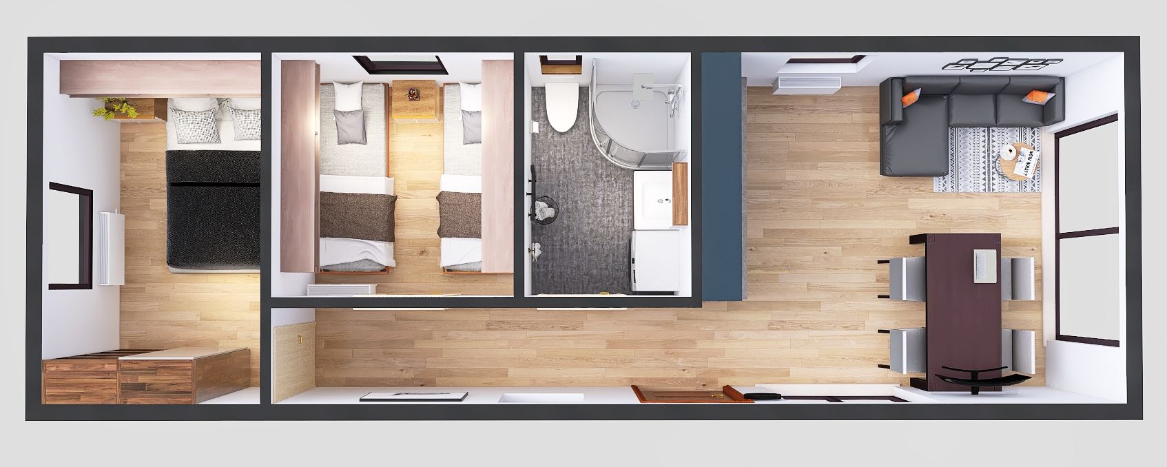 domek mobilny 3.5m x 10m perspektywa z meblami, Salon z Kuchnią, Łazienka , 2 Sypialnie