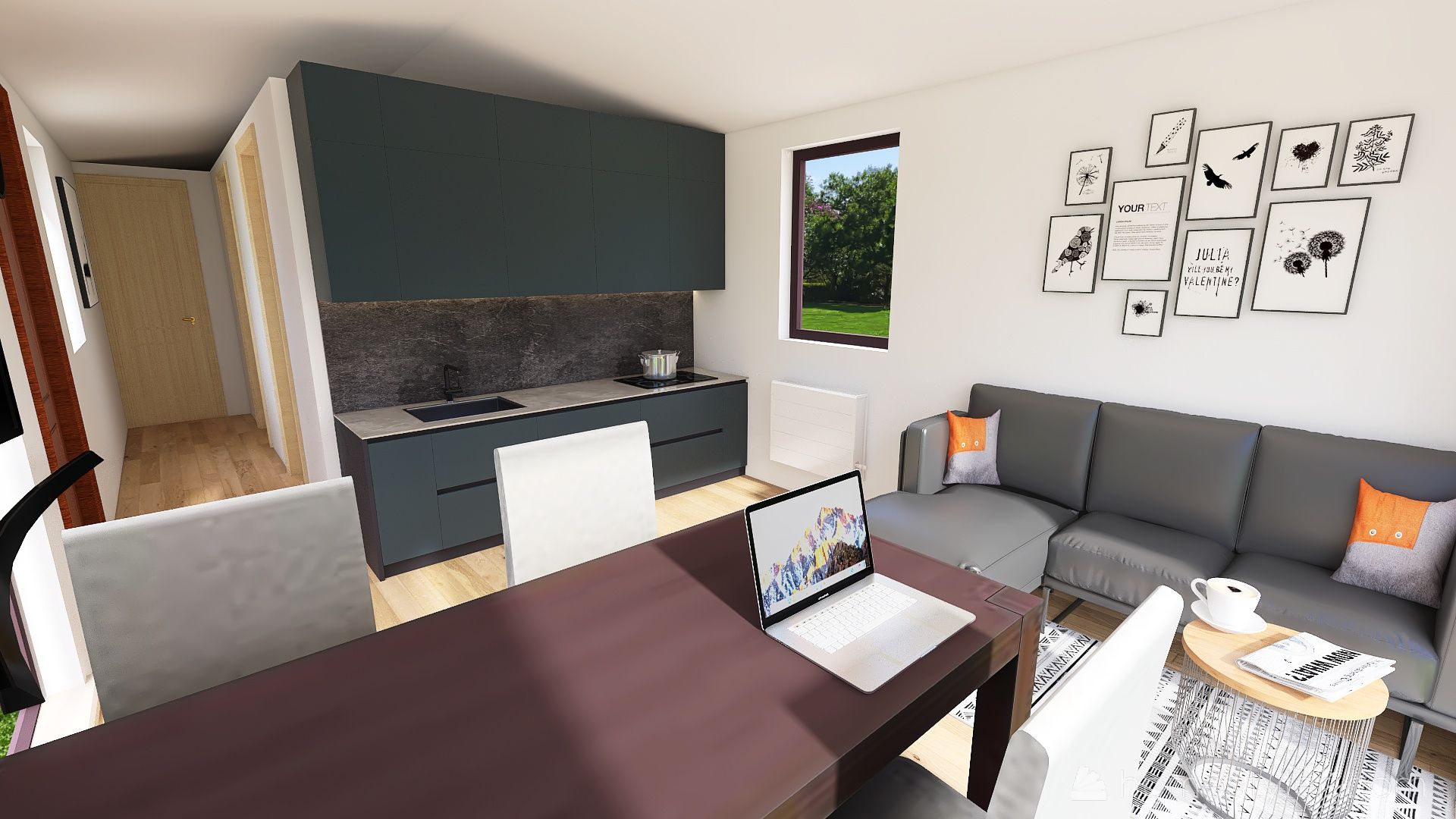 domek mobilny 3.5m x 10m widok Salonu z Kuchnią<br />
Domek Mobilny Optima 3.5x10 Wariant A - Wizualizacja Salonu z Aneksem Kuchennym