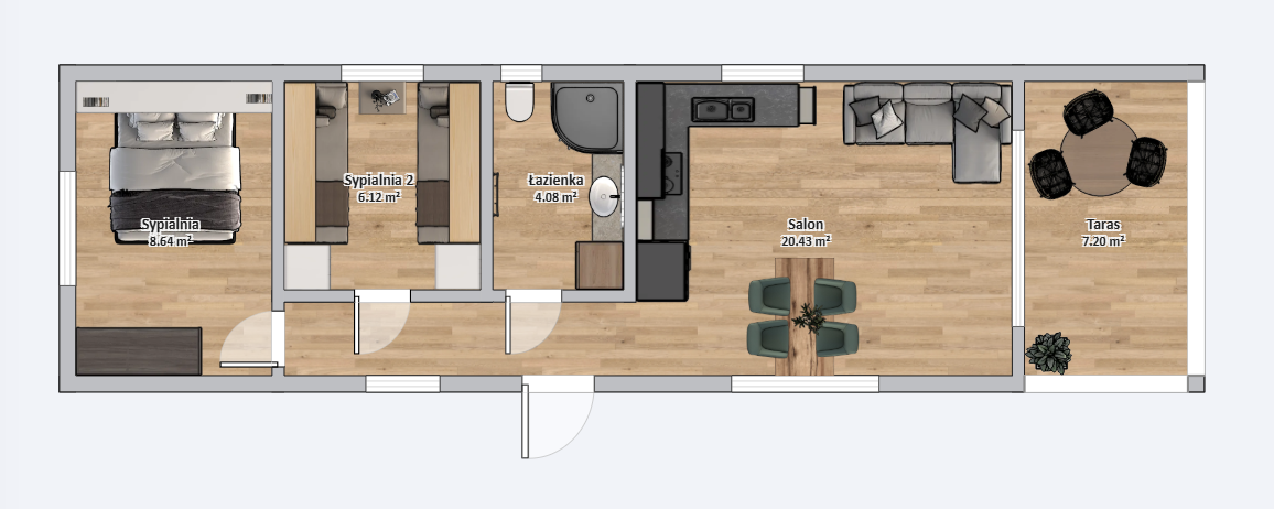 plan domku 4m x 14m z meblami, Salon z Kuchnią, Łazienka, 2 Sypialnie