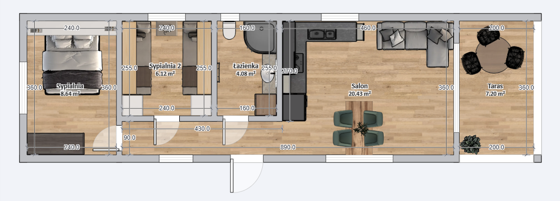 plan domku 4m x 14m z wymiarami z meblami, Salon z Kuchnią, Łazienka, 2 Sypialnie